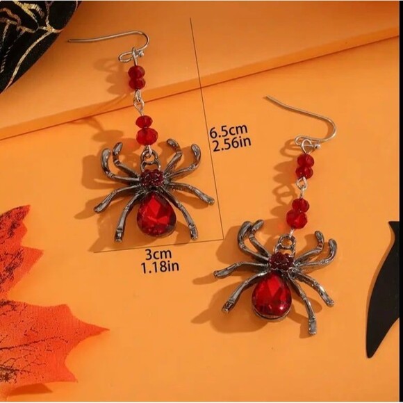 Dark Red Crystal Halloween Gothic Spider Dangle Earrings - Picture 3 of 4
